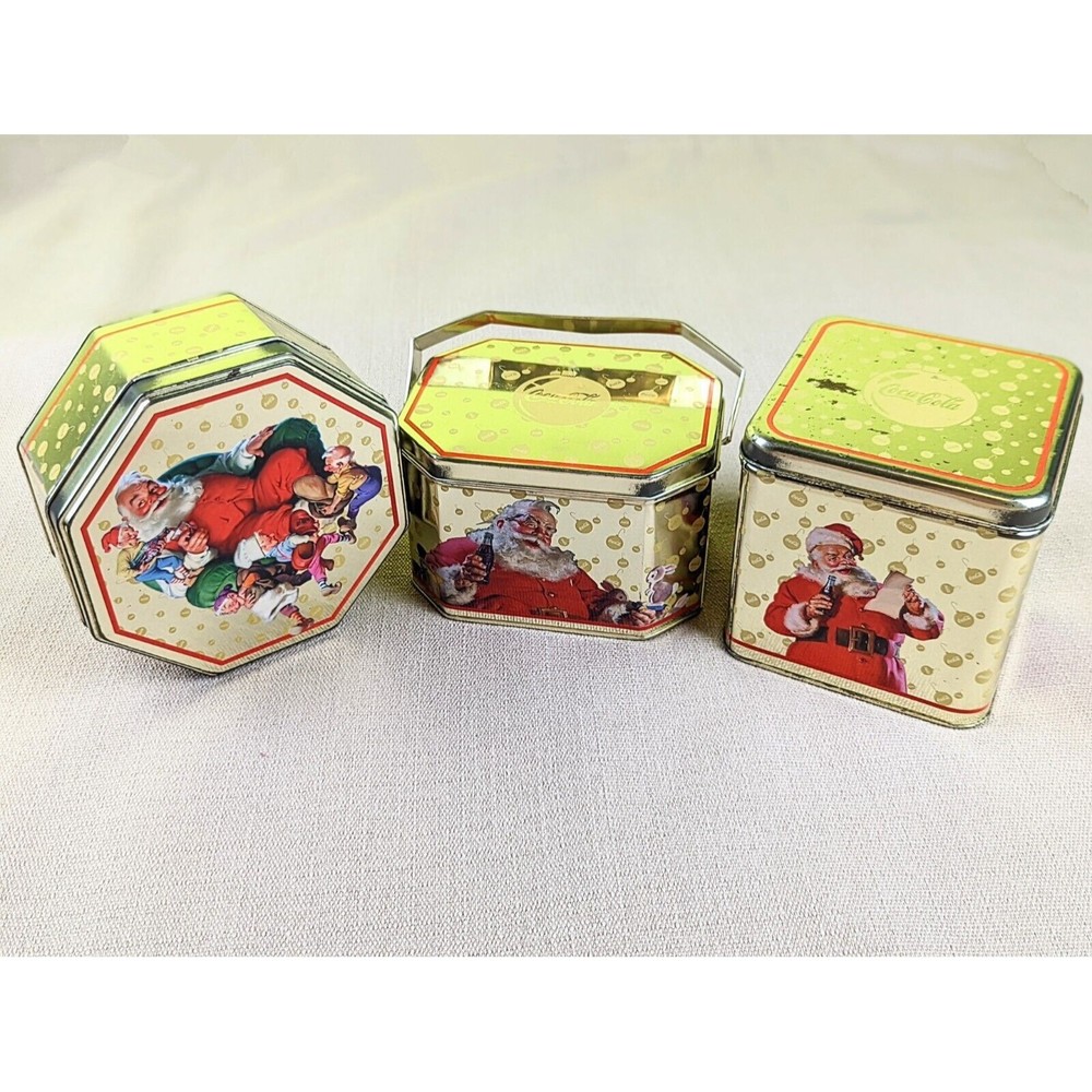 VTG'99 Coca-Cola Lot Of 3 Matching Tin Boxes Collectible Christmas Santa Theme
